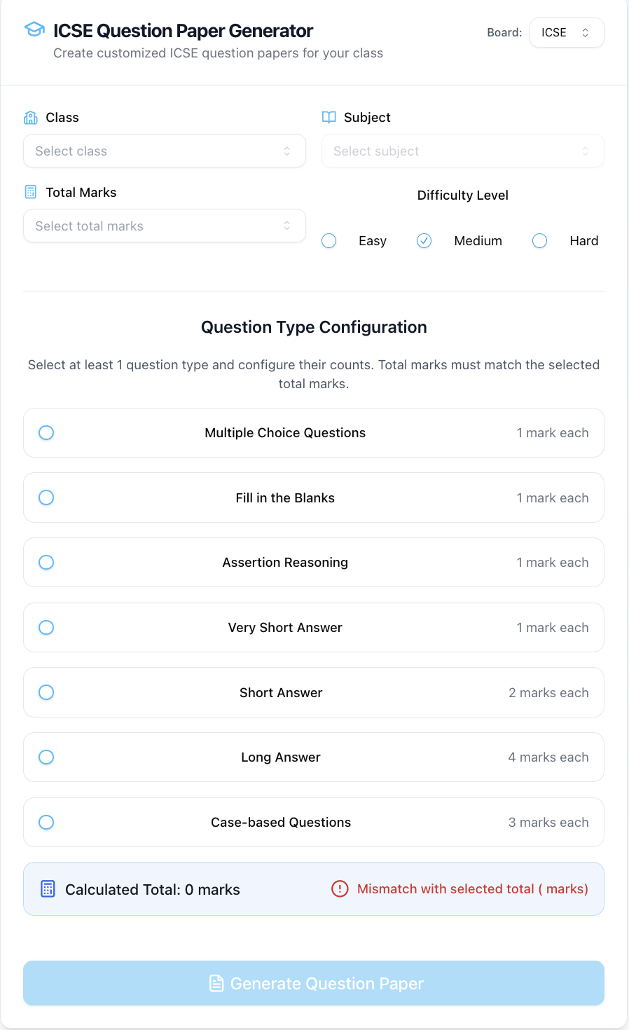 Custom Question Paper generator configuration interface